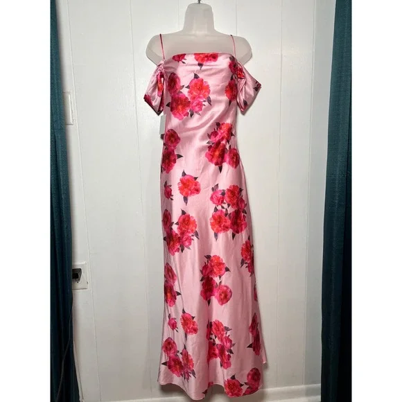 Petal + Pup Esther Pink Floral Satin Midi Dress Off Shoulder Romantic Feminine - Picture 2 of 8